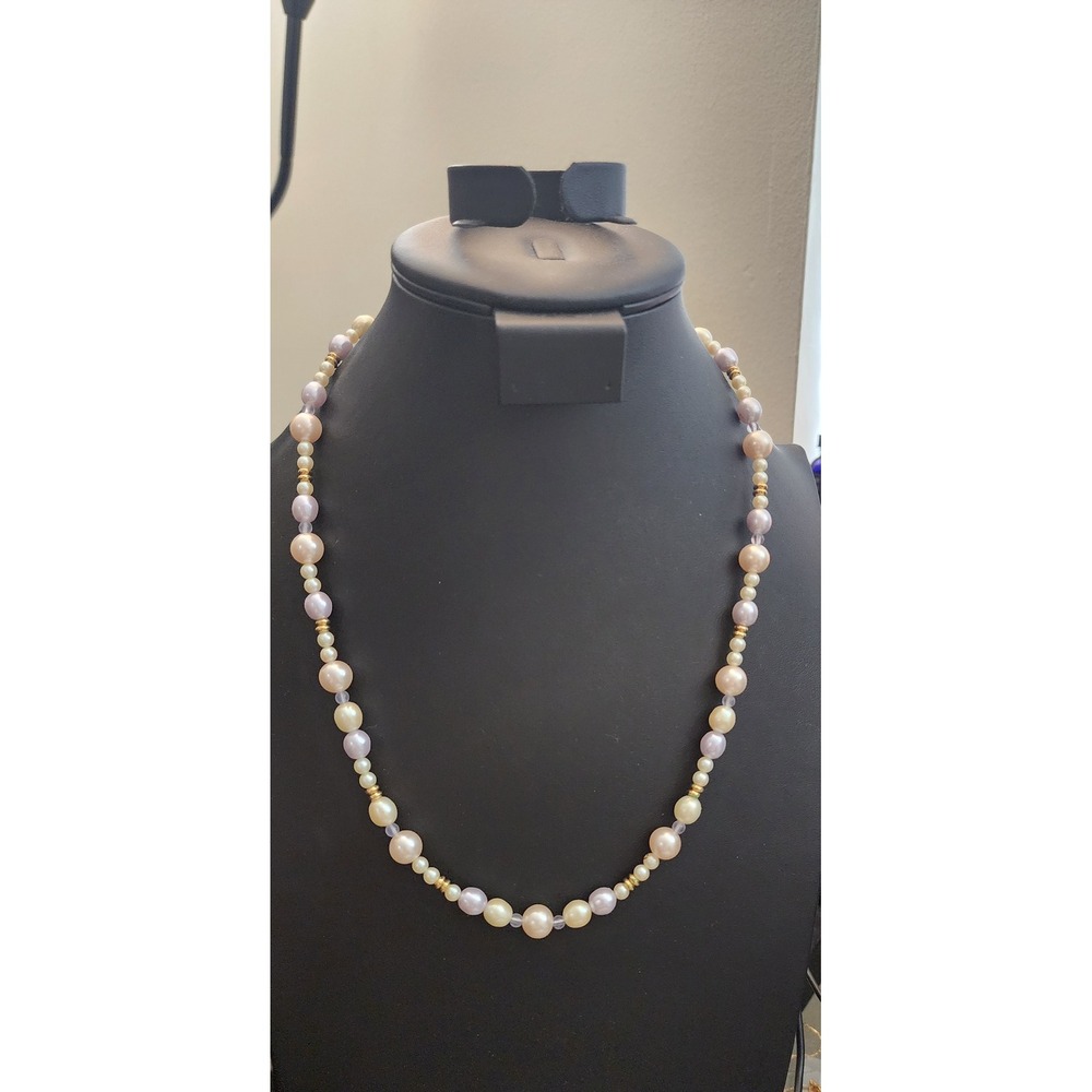 Vintage Trifari Pastel Faux Pearl Necklace Lavender Cream Gold Tone Beaded 18in